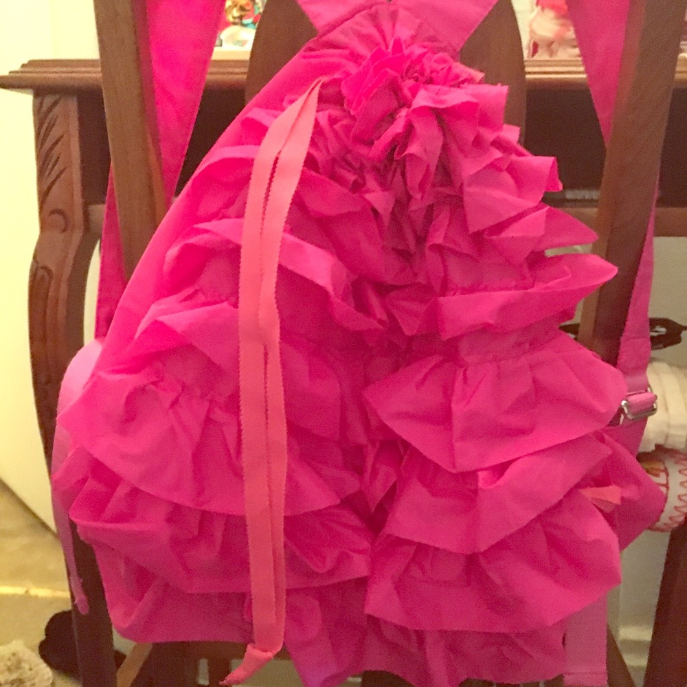 Ruffle pink nylon crewcut backpack drawstring bag